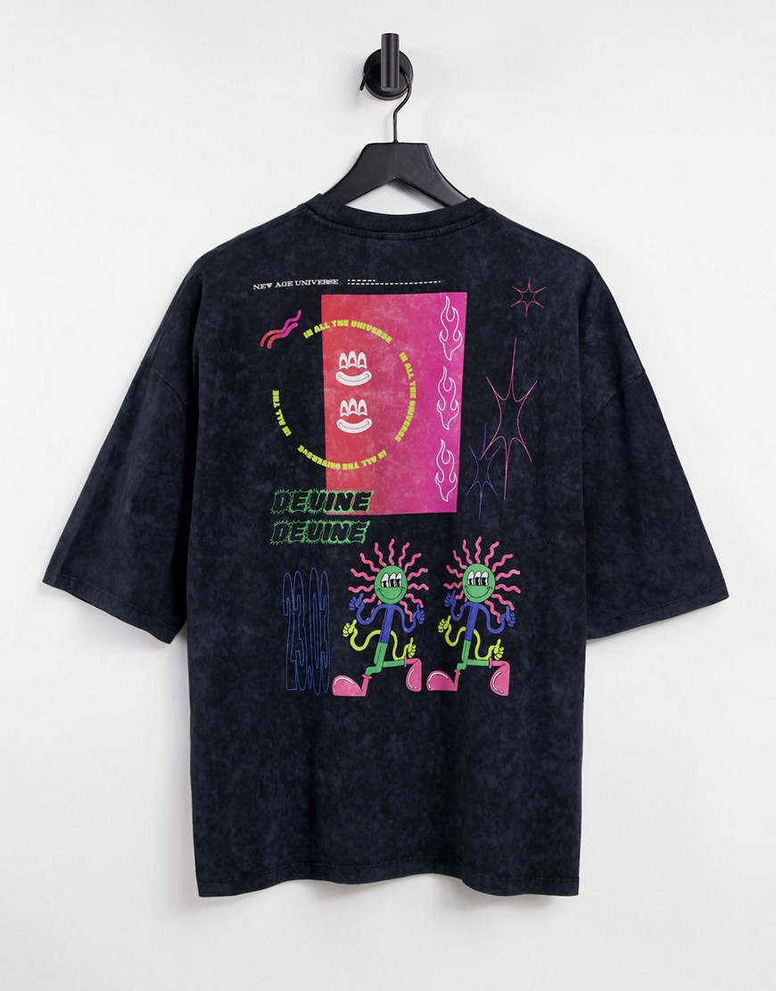 ASOS DESIGN - Oversized T-shirt met skate-cartoonprint op de rug in zwarte wassing