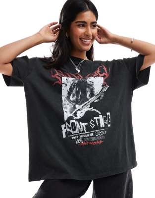 ASOS DESIGN - Oversized T-shirt met skelet-rockprint in antraciet met wassing