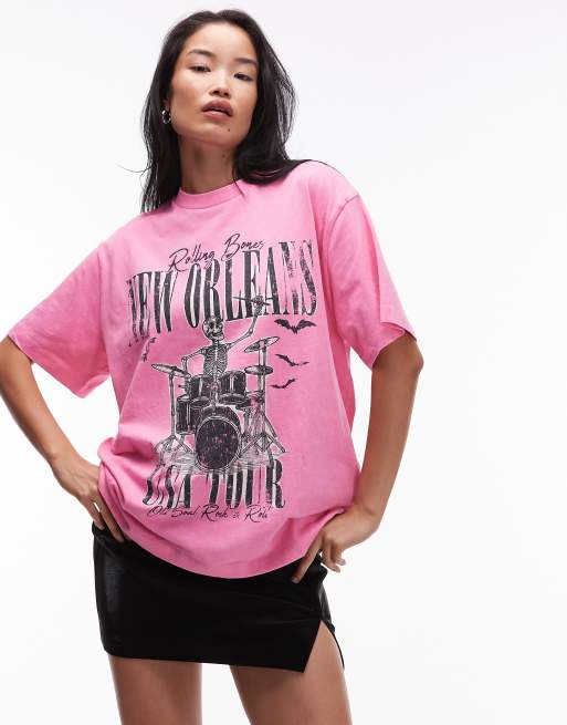 ASOS DESIGN - Oversized T-shirt met skeletprint in roze met wassing