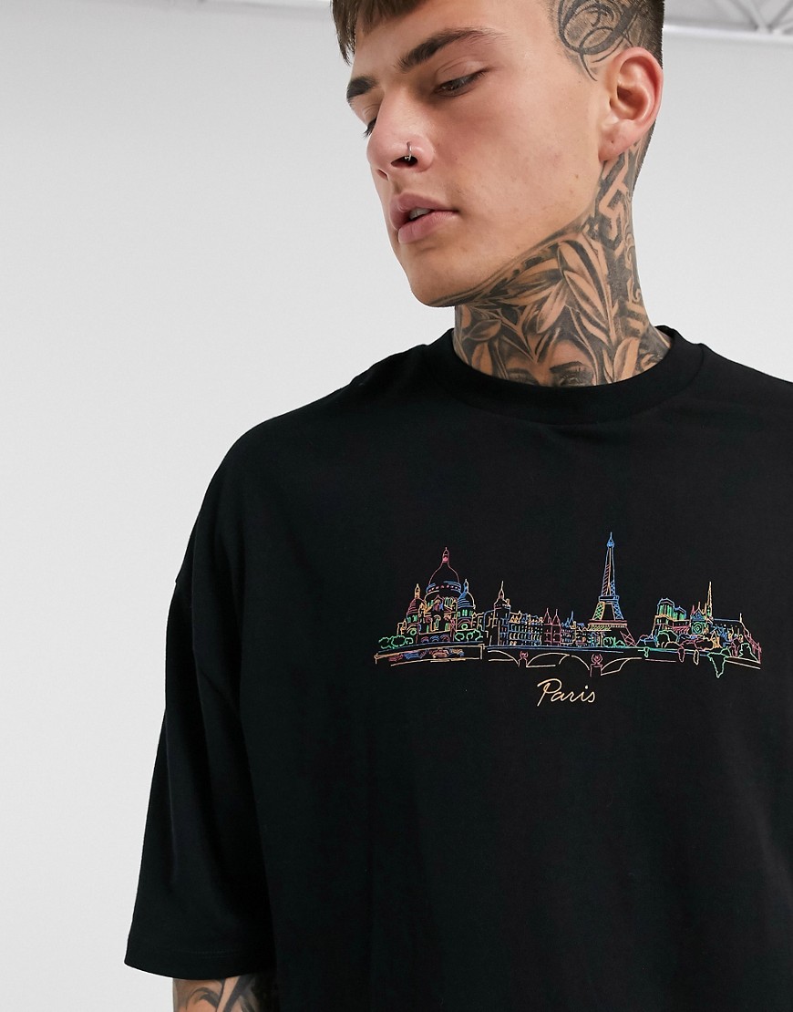 ASOS DESIGN - Oversized T-shirt met skyline van Franse stad-Zwart