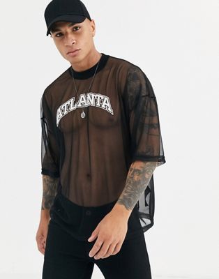 ASOS DESIGN - Oversized T-shirt met stadsprint in mesh-Zwart