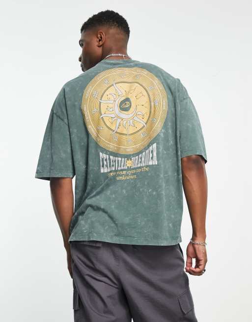 ASOS DESIGN - Oversized T-shirt met tekstprint op de rug en borst in kaki met wassing