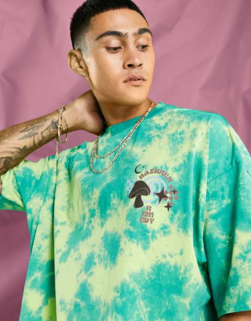 ASOS DESIGN - Oversized T-shirt met tie-dye en paddenstoelenprint in groen, 2 van 4