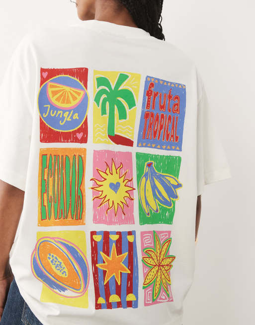 ASOS DESIGN - Oversized T-shirt met tropisch fruitprint in crème, 4 van 4