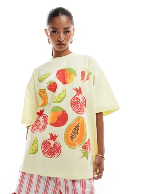 ASOS DESIGN - Oversized T-shirt met tropische fruitprint in geel