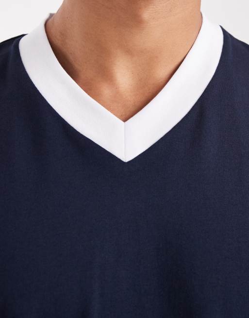 ASOS DESIGN - Oversized T-shirt met V-hals en contrasterende bies in marineblauw , 5 van 5