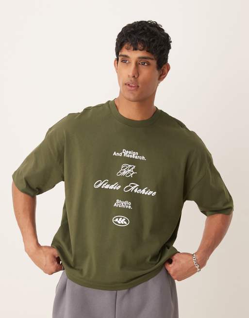 ASOS DESIGN - Oversized T-shirt met verlaagde schouders en print in donkergroen, 3 van 4