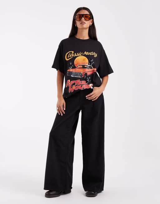 ASOS DESIGN oversized T-shirt met versiering en vintage autoprint in zwart