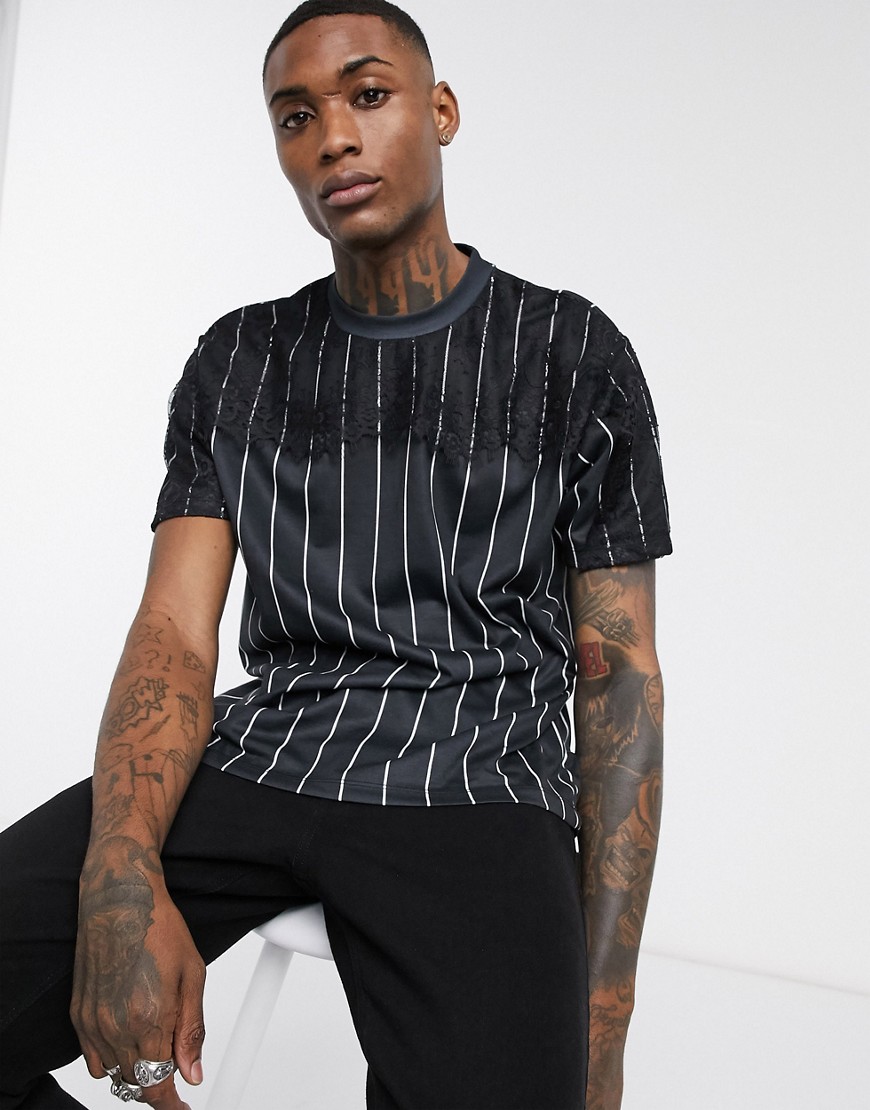 ASOS DESIGN - Oversized T-shirt met verticale streep en kanten mouwen-Zwart