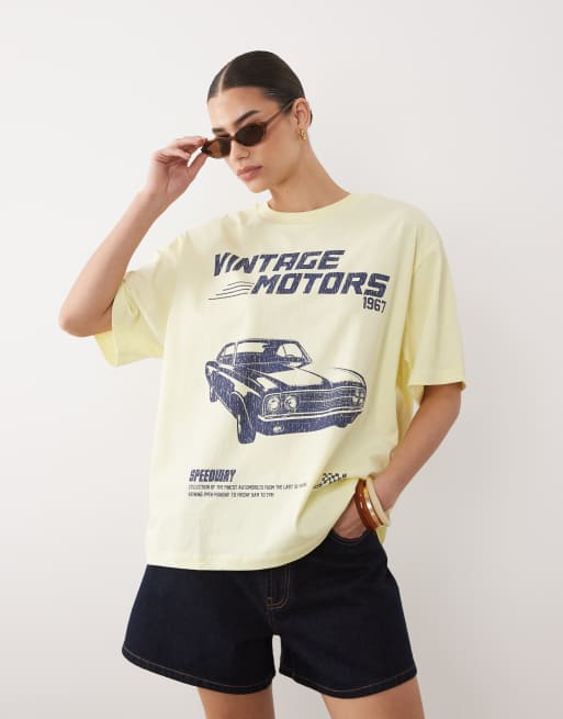 ASOS DESIGN - Oversized T-shirt met vintage autoprint in lichtgeel
