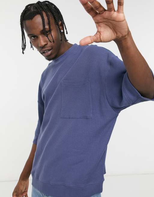 ASOS DESIGN - Oversized T-shirt met wafeltextuur en brede zoom- en mouwboorden in blauw met wassing