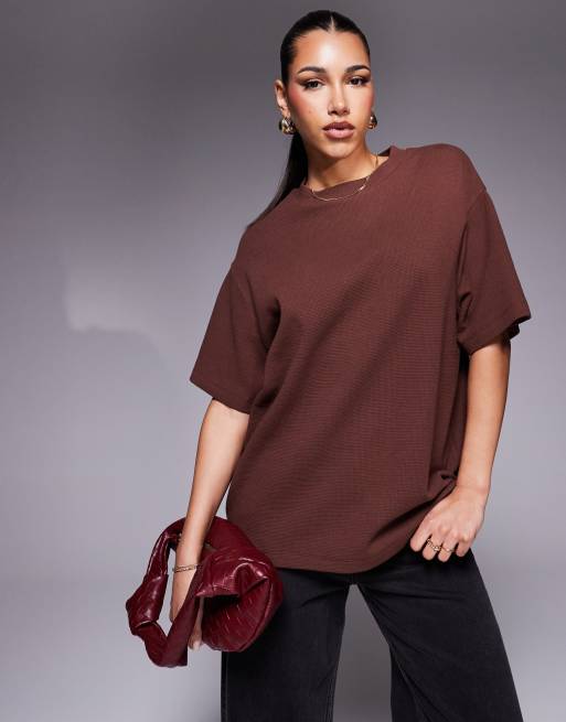 ASOS DESIGN - Oversized T-shirt met wafeltextuur en korte mouwen in bruin