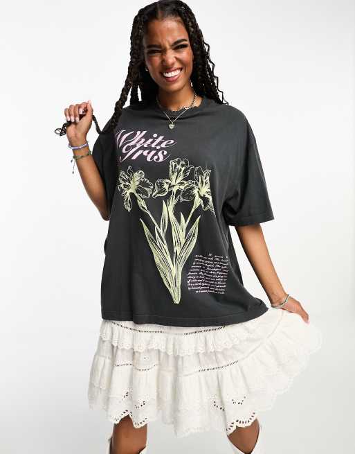 ASOS DESIGN - Oversized T-shirt met White Iris-print in antraciet met wassing