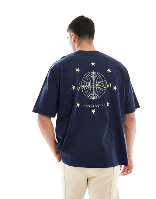 FhyzicsShops DESIGN - Oversized T-shirt met Worldwide-print op de achterkant in marineblauw