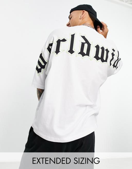 ASOS DESIGN - Oversized T-shirt met Worldwide-tekstprint op de achterkant in wit