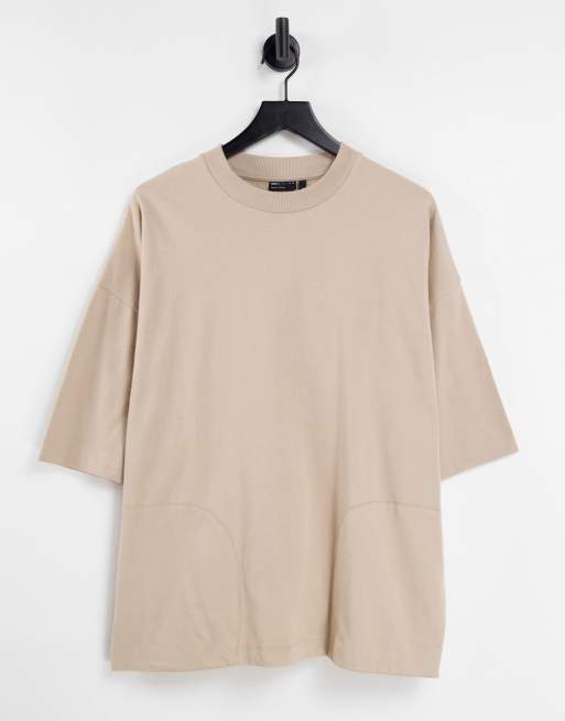 ASOS DESIGN - Oversized T-shirt met zakken en halflange mouwen in beige