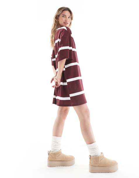 ASOS DESIGN oversized t-shirt mini dress in burgundy stripe - view 1