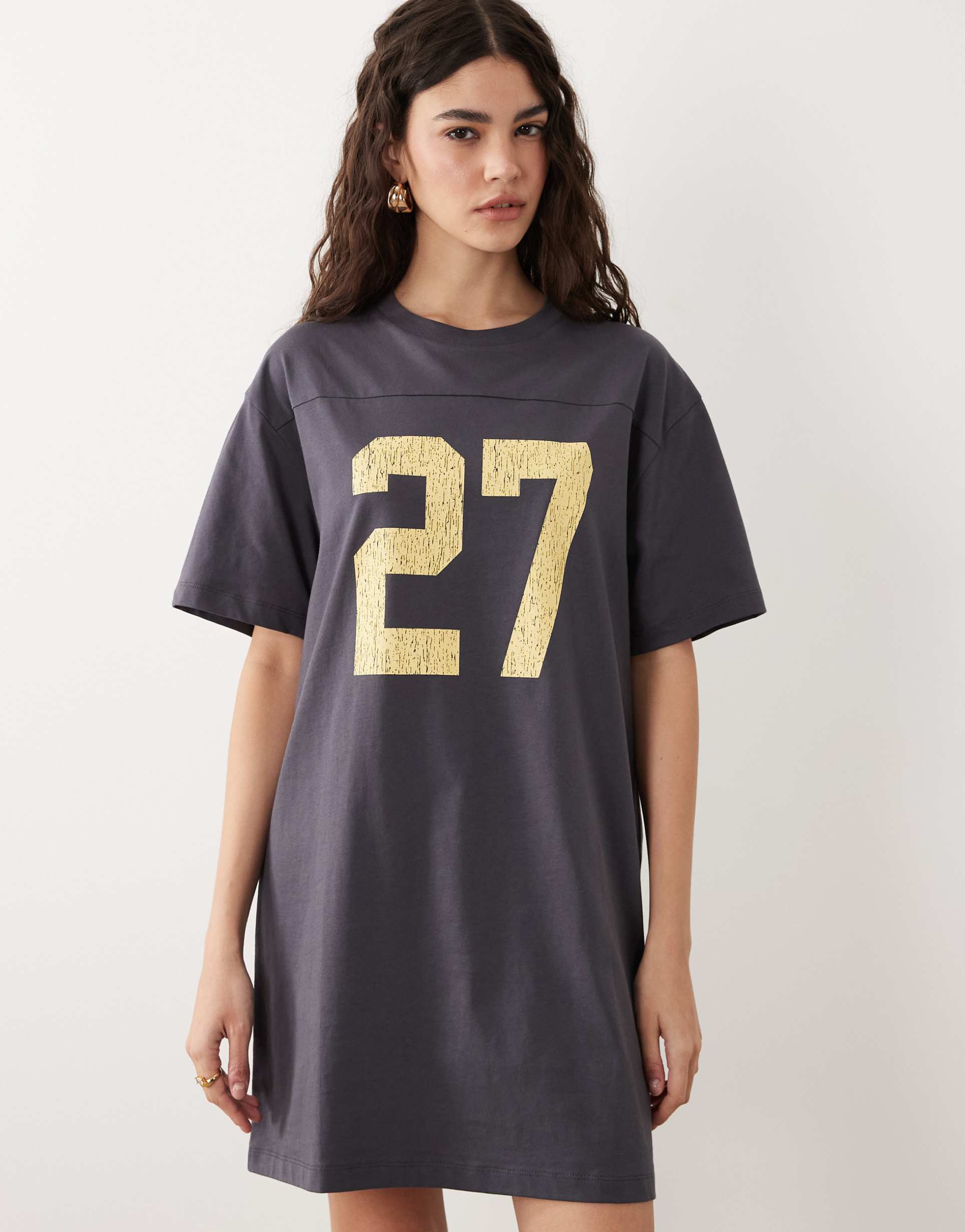 asos design oversized t-shirt mini dress with contrast varsity graphic in charcoal