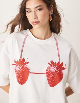 Asos Design Oversized T-shirt Mini Dress With Strawberry Print-white In White
