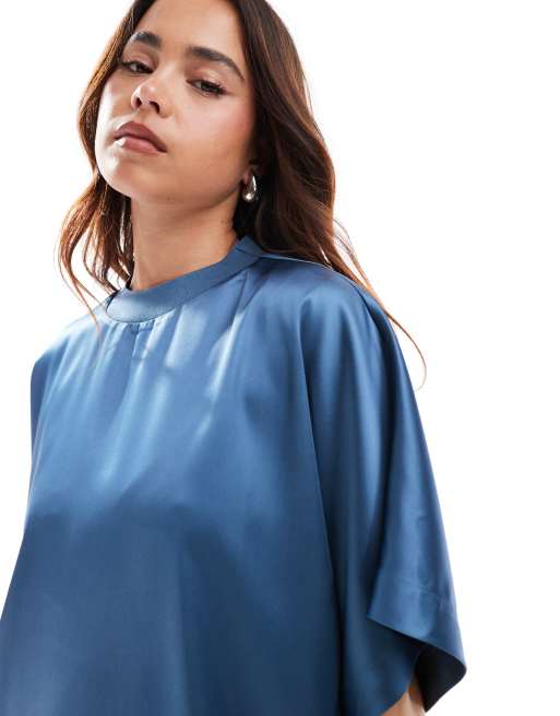 ASOS DESIGN - Oversized T-shirt-minikjole i stålblå satin, 3 af 4