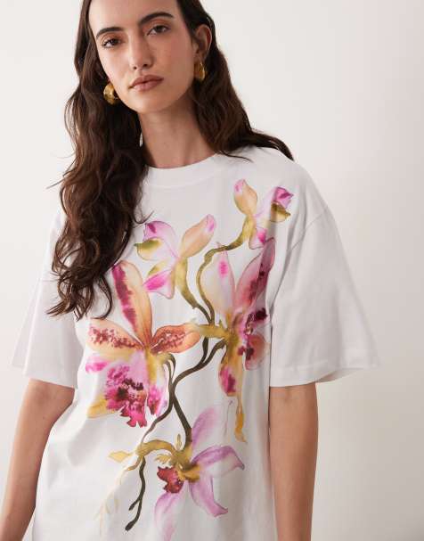 ASOS DESIGN Oversized-T-Shirt mit Blumenmotiv in Aquarelloptik in Pink und Weiß - view 1