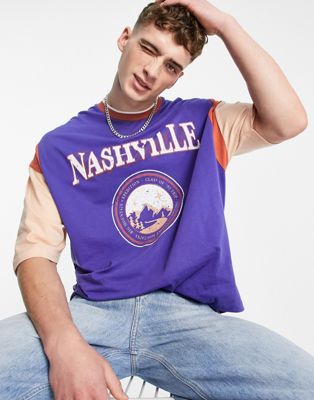 ASOS DESIGN – Oversized T-Shirt mit Farbblockdesign in Marineblau und „Nashville“-Print-Mehrfarbig