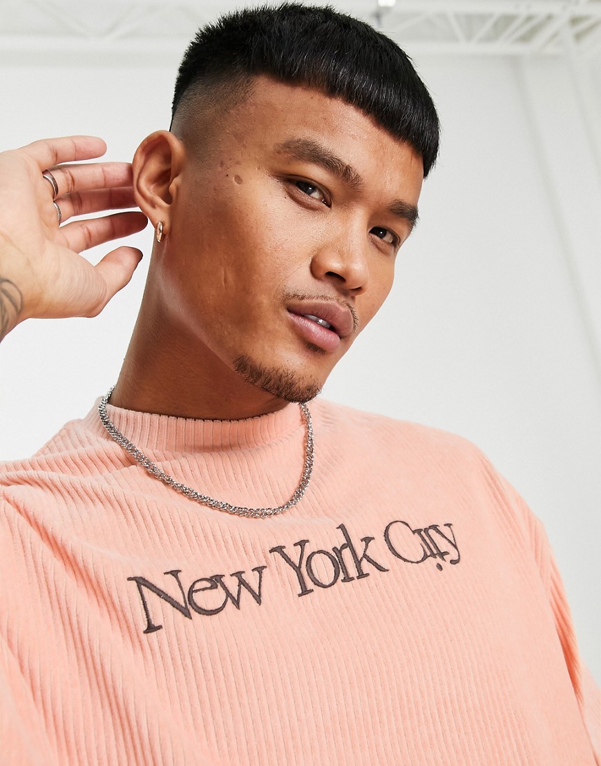 ASOS DESIGN oversized t-shirt ribbed velour with New York city embroidery in apricot-Orange