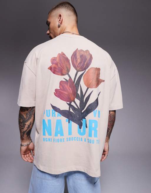 ASOS DESIGN - Oversized T-shirt van 220gsm zware stof met bloemenprints in beige met wassing