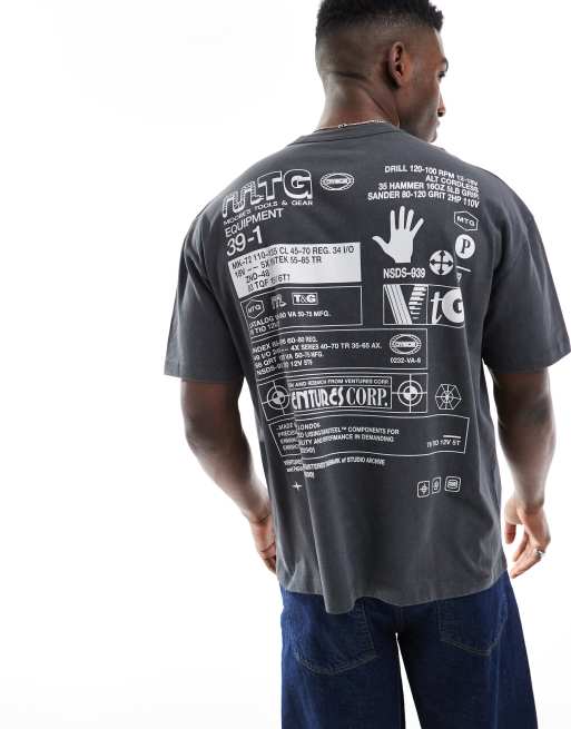 ASOS DESIGN - Oversized T-shirt van 220gsm zware stof met grafische print in street-stijl in antracietgrijs met wassing