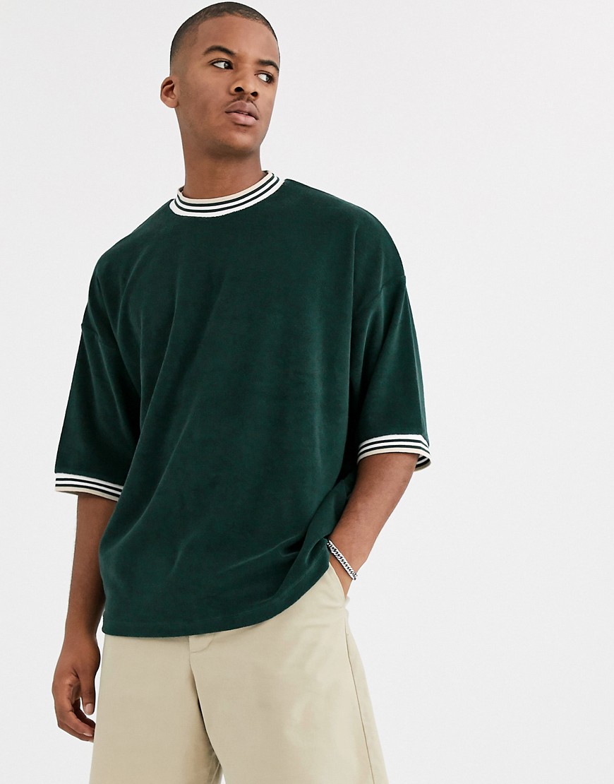 ASOS DESIGN - Oversized T-shirt van badstof met korte mouwen en contrasterende biezen-Groen