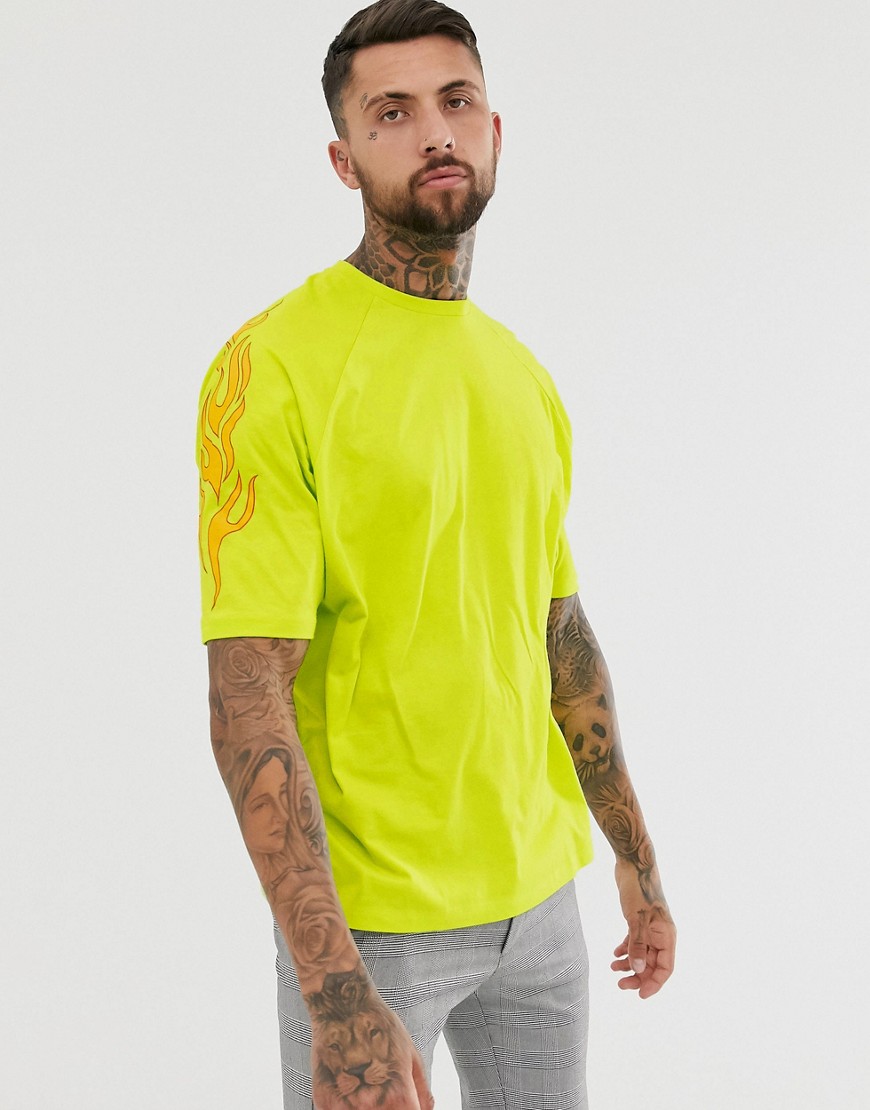ASOS DESIGN - Oversized T-shirt van biologsich katoen in neon met mouwprint-Groen