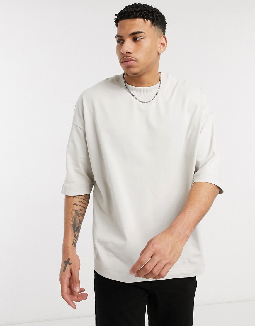 ASOS DESIGN - Oversized T-shirt van dik materiaal met halflange mouwen en brede boord in beige