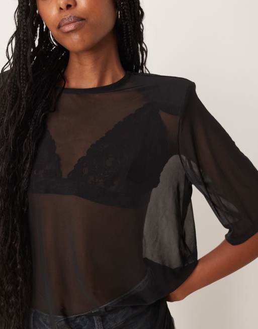 ASOS DESIGN - Oversized T-shirt van doorschijnend mesh met schoudervullingen in zwart, 3 van 4