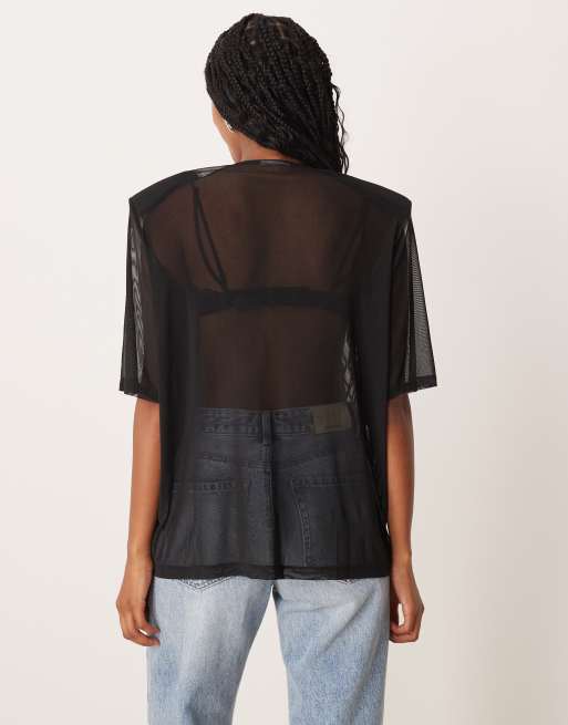ASOS DESIGN - Oversized T-shirt van doorschijnend mesh met schoudervullingen in zwart, 4 van 4