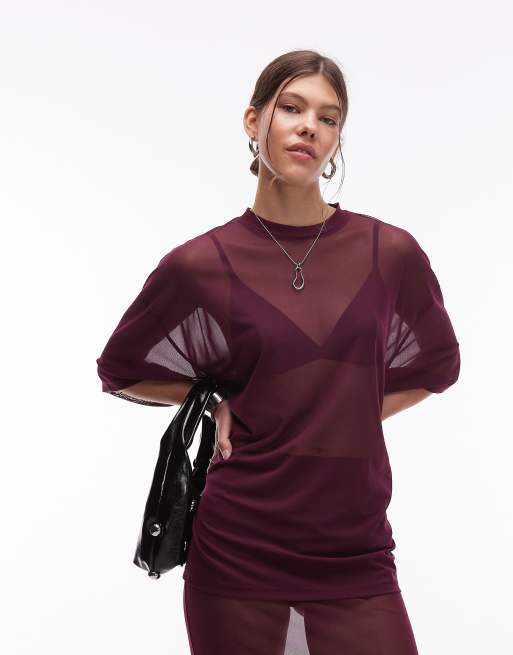 ASOS DESIGN - Oversized T-shirt van doorschijnende mesh in vijgenkleur, deel van co-ord set
