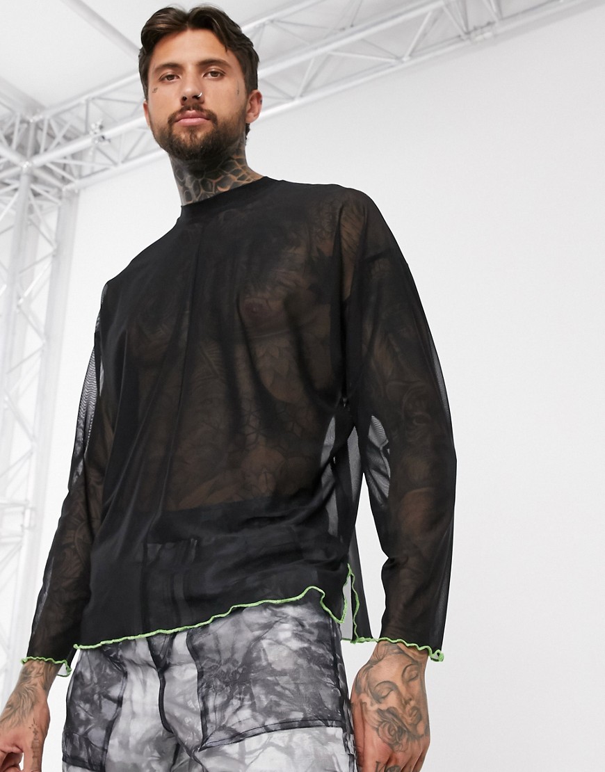 ASOS DESIGN - Oversized T-shirt van fijn mesh met lange mouwen, zijsplitten en contrast in zwart