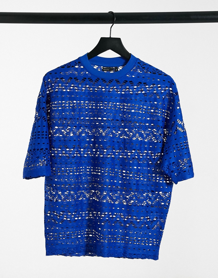 ASOS DESIGN - Oversized T-shirt van gehaakte mesh-Blauw