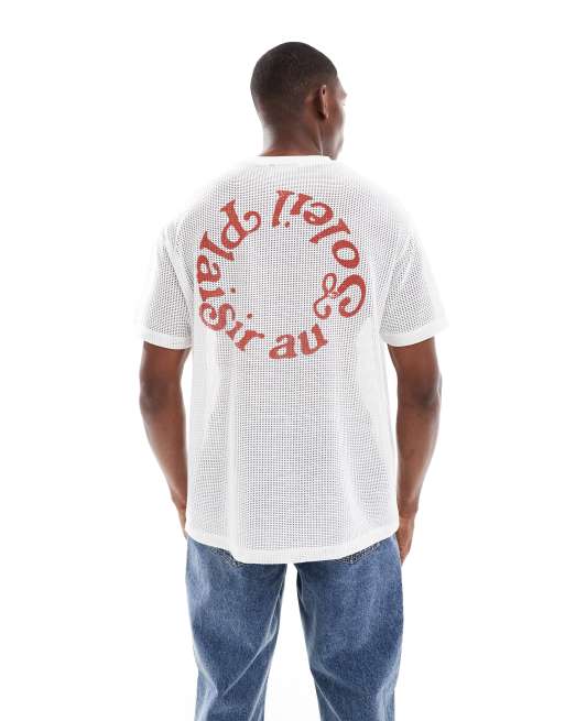 ASOS DESIGN - Oversized T-shirt van katoen en mesh met grafische Soleil-print in gebroken wit , 3 van 4