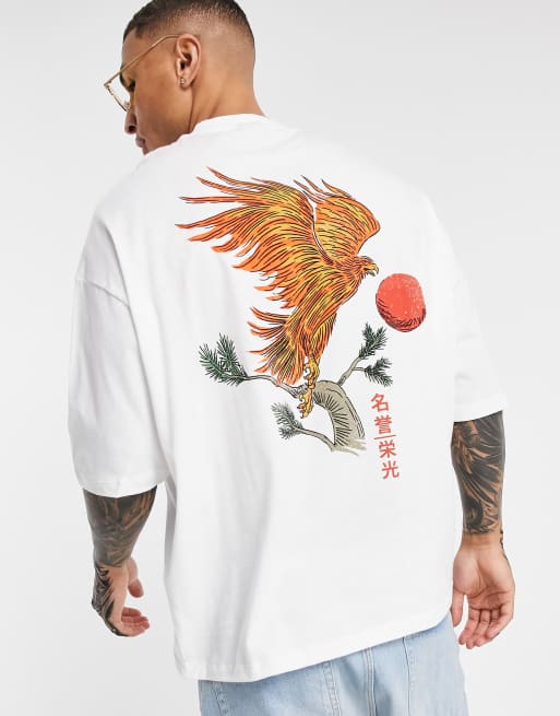 ASOS DESIGN - Oversized T-shirt van linnen met vogelprint op de achterkant in wit - WHITE