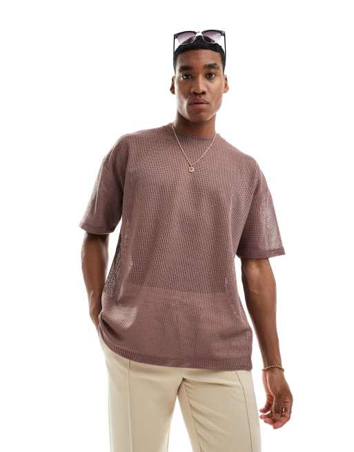 ASOS DESIGN - Oversized T-shirt van open mesh in mauve