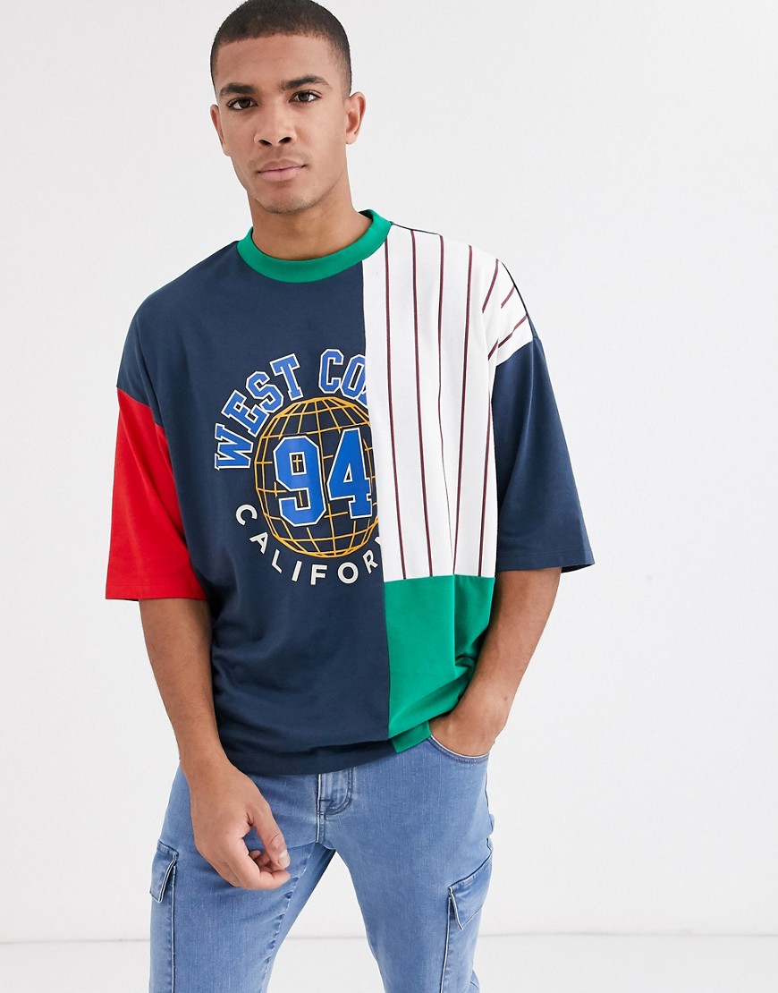 ASOS DESIGN - Oversized T-shirt van organisch katoen met kleurvlakken, strepen en print-Marineblauw