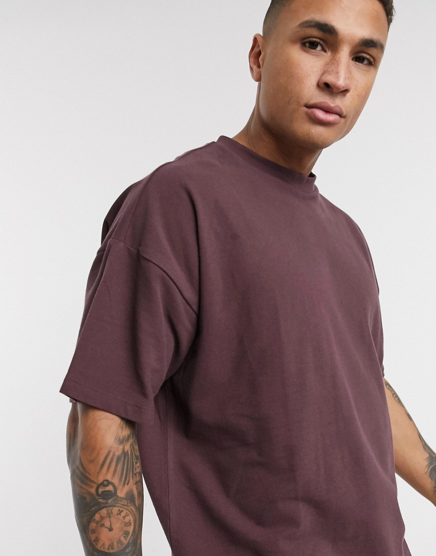ASOS DESIGN - Oversized T-shirt van organische stof met ronde hals van piqué in donkerpaars-Rood