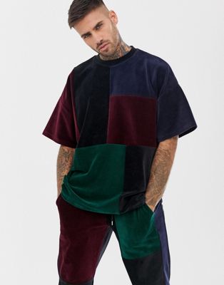 ASOS DESIGN - Oversized T-shirt van velours met gekleurd patchwork, combi-set-Multi