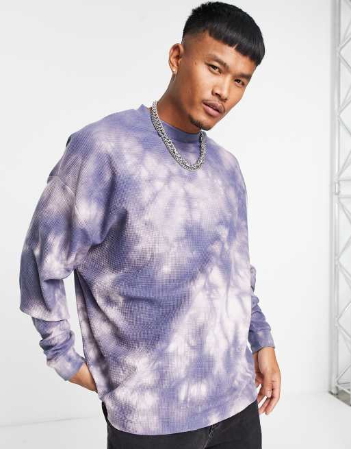 ASOS DESIGN - Oversized T-shirt van wafelstof met lange mouwen en tie-dye in paars 