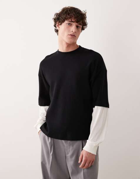ASOS DESIGN - Oversized T-shirt van wafelstof met lange mouwen in zwart - view 1