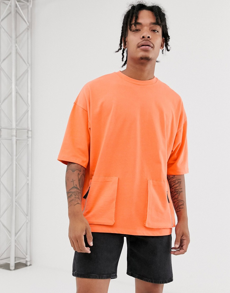 ASOS DESIGN - Oversized T-shirt van zware jersey met halflange mouwen en utility-zakken-Oranje