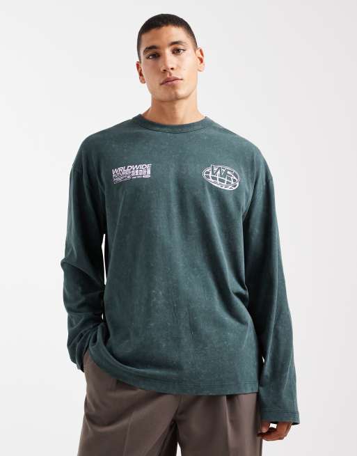 ASOS DESIGN - Oversized T-shirt van zware kwaliteit met lange mouwen en print in donkergroen , 3 van 5