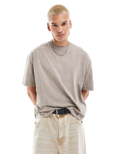 ASOS DESIGN - Oversized T-shirt van zware stof in beige met wassing - view 1