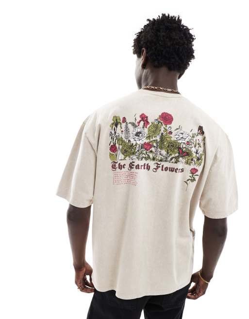 ASOS DESIGN - Oversized T-shirt van zware stof met bloemenprint op de achterkant in beige met wassing 