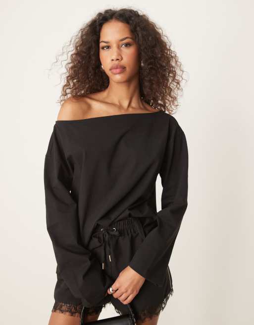 ASOS DESIGN - Oversized T-shirt van zware stof met blote schouders in zwart